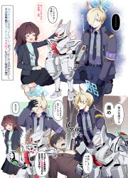 +++ ... 1girl 2boys absurdres anger_vein animal_ear_fluff animal_ears armband bags_under_eyes black_gloves black_skirt blonde_hair blue_archive blue_armband blue_eyes blue_halo blue_jacket blue_necktie blue_shirt blush brown_hair clenched_teeth collared_shirt commentary_request denim denim_shorts dog_ears ear_blush extra_ears female_sensei_(blue_archive) female_sensei_(blue_archive)_(senta_(ysk_0218)) firing flying_sweatdrops genderswap genderswap_(ftm) gloves gun hair_over_one_eye halo hand_on_own_head handgun highres holding holding_gun holding_weapon id_card jacket kanna_(blue_archive) kneeling lanyard long_hair long_sleeves multiple_boys necktie notched_ear outline red_eyes robot sensei_(blue_archive) senta_(ysk_0218) shirt shirt_tucked_in short_hair shorts skirt sparkle sparkling_aura spoken_ellipsis squatting teeth translation_request weapon white_outline
