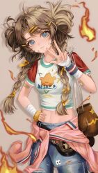 1girl :3 absurdres bandaged_wrist bandages bandaid bandaid_on_face belt blue_eyes blue_pants boxing_gloves braid brown_gloves brown_hair championship_belt clothes_around_waist cowboy_shot denim double_bun fire gauze_on_arm gloves grey_background hair_bun hair_ornament hairclip hand_on_own_hip hand_up highres jeans long_hair looking_at_viewer low_twin_braids midriff navel pants reverse:1999 scrunchie shirt short_sleeves solo spathodea_(reverse:1999) t-shirt tao_tai_lang_jiang twin_braids w white_shirt wrist_scrunchie yellow_scrunchie