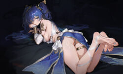 Rule 34 | 1girl, absurdres, ancient greek clothes, ass, bare shoulders, barefoot, blue eyes, blue hair, blush, bracer, breasts, commentary, feet, from behind, greco-roman clothes, hair belt, hair between eyes, hand up, head wreath, highres, iuno (wuthering waves), jewelry, kryp132, long hair, looking at viewer, medium breasts, panties, solo, thighlet, thighs, toes, twintails, underwear, white panties, wuthering waves