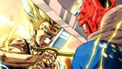 2boys angry aura blonde_hair blood colored_skin dabura dragon_ball fighting green_eyes highres lightning multiple_boys red_skin scratches serious spiked_hair super_saiyan super_saiyan_2 sword tank_top trunks_(dragon_ball) trunks_(future)_(dragon_ball) weapon