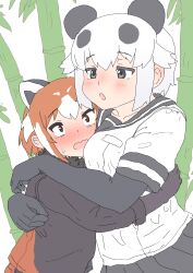 2girls absurdres animal_ears black_eyes black_gloves black_hair black_skirt black_sweater black_trim blush brown_eyes elbow_gloves extra_ears giant_panda_(kemono_friends) gloves height_difference highres hug kemono_friends kumasyan1998 multicolored_hair multiple_girls open_mouth orange_hair orange_sweater panda_ears panda_girl pleated_skirt red_panda_(kemono_friends) red_panda_ears red_panda_girl sailor_collar school_uniform serafuku shirt short_sleeves skirt sweatdrop sweater t-shirt two-tone_hair two-tone_sweater white_hair white_shirt