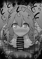 1boy 1girl :&gt;= bar_censor blush breasts censored erection fellatio greyscale hetero kurotama kusagakure_michiru large_breasts long_hair looking_at_viewer monochrome ninja_to_koroshiya_no_futarigurashi nose_blush oral penis pov pov_crotch saliva solo_focus sweat tile_floor tiles