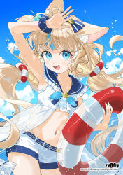 1girl absurdres animal_ears arm_up bikini bikini_under_clothes blonde_hair blue_bikini blue_eyes blue_hair blue_sky breasts cat_ears cloud dongbu dress fins fish_girl fish_tail highres indie_virtual_youtuber lifebuoy_hair_ornament long_hair multicolored_hair navel open_clothes open_dress open_mouth sameko_saba short_shorts shorts sky sleeveless sleeveless_dress small_breasts streaked_hair swimsuit tail very_long_hair virtual_youtuber white_dress white_shorts