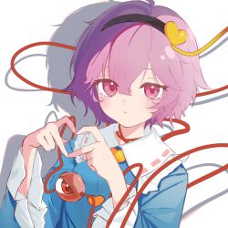1girl ahoge black_hairband blue_shirt blush buttons commentary_request drop_shadow expressionless eyeball eyebrows_hidden_by_hair four-finger_heart_hands hair_between_eyes hair_ornament hairband hands_up heart heart_button heart_hair_ornament heart_hands highres komeiji_satori long_sleeves looking_at_viewer messy_hair purple_eyes purple_hair shirt short_hair simple_background solo third_eye touhou upper_body user_nnye2872 white_background wide_sleeves