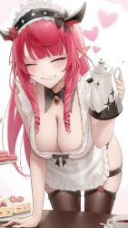 1girl absurdres apron black_horns blush breasts brown_thighhighs cake cake_slice cleavage closed_eyes commentary cup curly_hair english_commentary food grin heart highres holding holding_kettle hololive hololive_english horns irys_(hololive) kettle large_breasts long_hair maid maid_headdress pink_hair pointy_ears simple_background smile solo somebody_(leiking00) teacup thighhighs thighs virtual_youtuber white_apron white_background