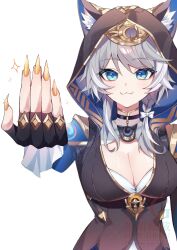 1girl :3 animal_ear_fluff animal_ears animal_hood black_gloves breasts cat_ears cat_girl cat_hood cipher_(honkai:_star_rail) cleavage commentary fingerless_gloves gloves grey_hair highres honkai:_star_rail honkai_(series) hood large_breasts looking_at_viewer mole mole_on_breast short_hair_with_long_locks simple_background solo symbol-only_commentary urasozopi white_background yellow_nails