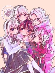 2girls 3boys :d aotsuki_eito black_bow black_hairband black_skirt black_streaks blue_eyes blush bow drawstring embarrassed fire glasses hairband heterochromia highres holding_hands hood ijio jacket kashimiya_karua kirifuji_nozomi long_hair multicolored_hair multiple_boys multiple_girls open_mouth orange_background pleated_skirt purple_eyes purple_fire red_eyes red_hair shion_(hundred_line) short_hair simple_background skirt smile speech_bubble streaked_hair sumino_takumi sweatdrop the_hundred_line_-last_defense_academy- thought_bubble white_hair white_jacket