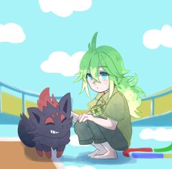 1boy animal_ears barefoot closed_eyes fox_ears gen_5_pokemon green_eyes green_hair green_shirt looking_at_viewer male_focus n_(pokemon) nintendo petting pokemon pokemon_(creature) pokemon_bw shirt squatting suzuhara_yakitori zorua