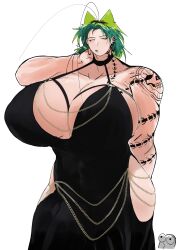 1boy 1girl 2024 abs absurdres anger_vein animal_ears annoyed antennae arm_behind_back arm_behind_head arm_tattoo backless_dress backless_outfit black_dress breasts cat_ears chain cleavage collarbone commentary cowboy_shot dress english_commentary gigantic_breasts gold_chain green_hair green_lips half-closed_eyes halter_dress halterneck highres messy_hair muscular muscular_female o_o original parted_bangs rochi_(rrrroch1) rrrroch1 short_hair side_slit simple_background size_difference standing surprised tall_female tattoo thick_thighs thighs white_background