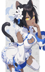 1girl animal_ear_fluff animal_ears arm_at_side bare_shoulders bell black_hair black_tail blue_trim breasts cat_cutout cat_ears cat_girl cat_tail china_dress chinese_clothes cleavage cleavage_cutout clenched_hand clothing_cutout commission crossed_bangs dark-skinned_female dark_skin detached_sleeves dosei dress fangs fish_background floral_print flower frilled_dress frills hair_between_eyes hair_flower hair_ornament hand_to_own_mouth hand_up jingle_bell kneeling light_blush long_sleeves looking_at_viewer medium_breasts neck_bell open_mouth original paw_pose pillarboxed short_dress short_hair sleeveless sleeveless_dress solo tail tail_raised teeth thighhighs tongue tongue_out upper_teeth_only white_dress white_flower white_sleeves white_thighhighs wide_sleeves yellow_eyes