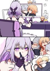 Rule 34 | 1girl, 2boys, alternate costume, alternate form, antenna hair, black choker, black gloves, black shirt, blonde hair, blue eyes, blush, braid, bug, butterfly, castorice (honkai: star rail), character doll, chest tattoo, chinese commentary, choker, closed eyes, collared shirt, commentary request, computer, doll, dress, facial tattoo, fujoshi, gloves, gradient hair, hair between eyes, highres, holding, holding stylus, honkai: star rail, honkai (series), insect, low twintails, medium hair, monitor, multicolored hair, multiple boys, mydei (honkai: star rail), parted bangs, phainon (honkai: star rail), pink butterfly, pointy ears, purple eyes, purple hair, red hair, red tattoo, shirt, short hair, side braid, sleeveless, sleeveless dress, stylus, tattoo, tiara, twintails, white dress, white hair, yaoi, yellow eyes, yuelinpanp98413