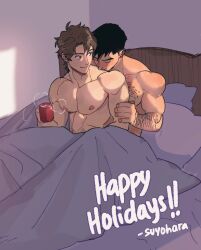 Rule 34 | 2boys, arm hair, artist name, bara, bed, black hair, blush, brown hair, chest hair, cup, english text, happy holidays, highres, holding, holding cup, indoors, large pectorals, leo (this guy), male focus, multiple boys, muscular, muscular male, nipples, nude, on bed, pectorals, pillow, short hair, sitting, suyohara, this guy (suyohara), toby (this guy), under covers, upper body, yaoi