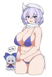 1girl bare_arms bare_legs bare_shoulders bikini blue_bikini blue_eyes blush breasts character_doll cirno cleavage cowboy_shot cropped_legs formicid fumo_(doll) hair_between_eyes hat highres large_breasts letty_whiterock open_mouth purple_hair scarf short_hair simple_background solo swimsuit touhou white_background white_hat white_scarf