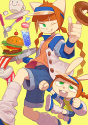Rule 34 | 1boy, :q, animal ears, bemani, cup, food, green eyes, highres, male focus, mimi (pop&#039;n music), mizuno (okn66), one eye closed, orange hair, pop&#039;n music, shorts, smile, tongue, tongue out, visor cap