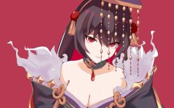 1girl asin breasts brown_hair chinese_clothes cleavage closed_mouth collarbone colored_inner_hair flower_knot fur_trim gem guan_hat highres large_breasts long_hair looking_at_viewer mian_guan moeoh_ex multicolored_hair portrait qin_shi_huang_(moeoh_ex) red_background red_eyes red_gemstone red_hair simple_background solo straight_hair tsurime v-shaped_eyebrows