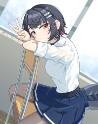 Rule 34 | 1girl, absurdres, black hair, breasts, chair, ellen joe, ellen joe (on campus), fins, fish tail, grey pantyhose, hair ornament, highres, indoors, large breasts, long sleeves, looking at viewer, mole, mole under eye, multicolored hair, no plan a, official alternate costume, on chair, orange eyes, pantyhose, pleated skirt, red hair, school uniform, shark girl, shark tail, shirt, short hair, sitting, skirt, solo, tail, v, white shirt, white trim, x hair ornament, zenless zone zero
