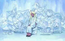 1girl animal_ears antlers black_eyes blonde_hair capelet deer_antlers deer_ears deer_girl deer_tail deltarune freckles furry furry_female goomyloid highres hooves horns ice long_hair looking_at_viewer monster noelle_holiday robe sitting statue tail white_capelet white_robe wide_shot
