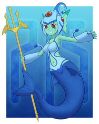 Rule 34 | breasts, colored skin, daviddragonstar, digimon, digimon (creature), fins, frog girl, green skin, head fins, helmet, mermaid, monster girl, polearm, ranamon, red eyes, smile, trident, weapon