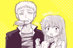 Rule 34 | 1boy, 1girl, bags under eyes, beelzebub (manga), blush, camouflage, camouflage shirt, collarbone, collared shirt, earrings, eyelashes, facial hair, flower, goatee stubble, greyscale with colored background, hair flower, hair ornament, hanazawa yuka, jacket, jewelry, juice box, kanzaki hajime, long sleeves, necktie, open mouth, scar, scar on face, shirt, stubble, tsunoji, unamused, upper body, yellow background