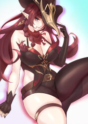 1girl absurdres artist_request asymmetrical_legwear belt breasts chasca_(genshin_impact) cleavage earrings genshin_impact hat highres jewelry pointy_ears red_hair simple_background thigh_belt thigh_strap