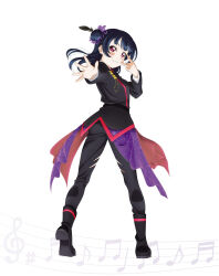 1girl artbook black_jacket black_pants blue_hair boots feather_hair_ornament feathers floating_hair full_body hair_bun hair_ornament highres jacket kowareyasuki long_hair long_sleeves looking_at_viewer looking_back love_live! love_live!_sunshine!! musical_note non-web_source official_alternate_costume official_art outstretched_arm pants parted_lips purple_eyes simple_background single_side_bun smile solo standing torn_clothes torn_pants tsushima_yoshiko white_background