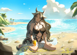 1girl absurdres animal_ears aqua_eyes bare_shoulders beach belt black_belt black_choker black_sleeves blue_eyes blue_sarong breasts brown_hair chinese_commentary choker commentary_request commission cow_ears cow_horns cup day detached_sleeves drink drinking_glass expressionless eye_hair_ornament eyelashes full_body hair_ornament hair_over_one_eye hand_on_own_thigh head_tilt highres holding holding_drink horns large_breasts long_hair o-ring o-ring_belt o-ring_choker ocean original outdoors palm_tree parted_bangs parted_lips pink_lips sample_watermark sarong see-through_clothes see-through_sarong shell shore short_sleeves single_detached_sleeve solo studded_belt suqiu too_many_eyes tree very_long_hair watermark white_horns