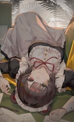 1girl :3 absurdres animal_ears apron bib_collar black_dress breasts brown_hair cine_(wazd0183) closed_mouth commentary_request couch dog_ears dog_girl dress frilled_dress frilled_shirt_collar frills heterochromia highres indoors inui_toko inui_toko_(7th_costume) juliet_sleeves knees_up large_breasts long_sleeves looking_at_viewer lying maid maid_headdress neck_ribbon nib_pen_(object) nijisanji on_back on_couch pen puffy_sleeves red_eyes ribbon short_hair sleeve_cuffs solo swept_bangs upside-down virtual_youtuber white_apron white_headdress yellow_eyes