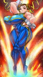 1girl arm_behind_head bad_tag blue_unitard blue_vest bracelet breasts capcom chun-li double_bun hair_bun hand_on_own_hip huge_breasts jewelry muscular muscular_female muscular_legs sawano_kiyoshi simple_background skin_tight smile standing street_fighter street_fighter_zero_(series) studded_bracelet thick_thighs thighs vest