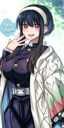 Rule 34 | 1girl, alternate costume, belt, black hair, black jacket, black pants, blush, breasts, cosplay, demon slayer uniform, earrings, gold earrings, gradient background, green background, hair between eyes, hairband, haori, hayami saori, highres, jacket, japanese clothes, jewelry, kimetsu no yaiba, kochou shinobu, kochou shinobu (cosplay), large breasts, long hair, long sleeves, looking at viewer, maroonabyss, pants, red eyes, smile, solo, spy x family, voice actor connection, white background, white belt, white hairband, yor briar