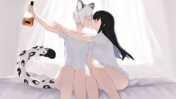 2girls alcohol animal_ear_fluff animal_ears black_hair blue_hair blush bottle breasts cait_aron closed_eyes collarbone feet_out_of_frame french_kiss grey_hair hagoromo_yaya highres holding holding_bottle kiss kusubashi_shiya leopard_ears leopard_girl leopard_tail long_hair medium_breasts melty_connect multicolored_hair multiple_girls profile shirt short_hair short_sleeves sitting tail two-tone_hair very_long_hair virtual_youtuber white_shirt yuri