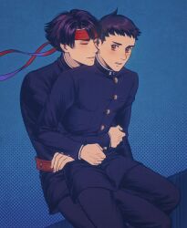 2boys ace_attorney belt black_hair black_jacket black_pants blue_background blush brown_eyes buttons chinese_commentary closed_eyes commentary_request gakuran headband highres hug hug_from_behind jacket kaze_(yznyttdgs) kazuma_asogi long_sleeves male_focus multiple_boys open_mouth pants red_belt red_headband ryunosuke_naruhodo school_uniform short_hair sitting sitting_on_lap sitting_on_person smile the_great_ace_attorney yaoi