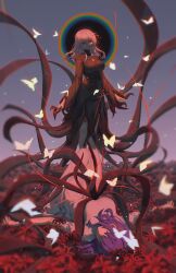 Rule 34 | 2girls, absurdres, black dress, breasts, bug, butterfly, commentary, corruption, dark background, dark sakura, dress, dual persona, english commentary, fate/stay night, fate (series), flower, hair ribbon, heaven&#039;s feel, highres, insect, large breasts, long hair, lying, madokapaisen, matou sakura, multiple girls, on back, outstretched arms, purple hair, red eyes, red flower, red ribbon, ribbon, spread arms, white butterfly, white hair