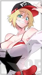 1girl alice_garnet_nakata arm_up armpit_peek artist_name bare_shoulders baseball_cap belt bikini bikini_top_only blonde_hair breasts cleavage collarbone dated fatal_fury green_eyes grin hat highres large_breasts red_bikini shirt short_hair smile snk solo swimsuit teeth the_king_of_fighters