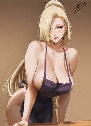 1girl absurdres alvsdraws apron areola_slip blonde_hair blue_eyes breasts cleavage commentary hair_over_one_eye highres large_breasts leaning_forward long_hair mature_female naked_apron naruto_(series) naruto_shippuuden ponytail signature simple_background smile solo very_long_hair yamanaka_ino