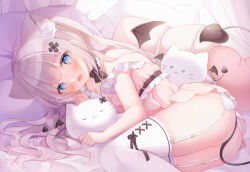 1girl animal_ears ass belt black_belt black_ribbon blue_eyes blush breasts cat_ears cat_girl cleavage commentary_request cross_hair_ornament dated demon_girl demon_tail demon_wings dress fang feet_out_of_frame garter_straps grey_hair hair_ornament hair_spread_out head_on_pillow heart heart-shaped_pillow highres indie_virtual_youtuber long_hair looking_at_viewer lying mini_wings neck_ribbon nekoma_shiroa omochi_monaka on_side open_mouth pillow pink_dress ribbon sample_watermark signature single_bare_shoulder skin_fang solo strap_slip stuffed_animal stuffed_cat stuffed_toy tail thighhighs virtual_youtuber watermark white_thighhighs wings