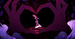 2boys ama0805 angel_dust dark_background demon_boy extra_arms hazbin_hotel heart heart_hands heterochromia highres looking_at_viewer multiple_boys nude sitting valentino_(hazbin_hotel) white_fur