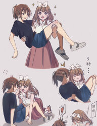 Rule 34 | !, 2girls, absurdres, anger vein, angry, asahi (poiuy11t), black shirt, blue shorts, blush, bow, brown hair, carrying, carrying person, cheek pinching, denim, denim shorts, grey background, hair bow, hair ornament, hairclip, hibike! euphonium, highres, long hair, looking at another, medium hair, multiple girls, multiple views, nakagawa natsuki, open mouth, pinching, ponytail, princess carry, puff of air, shaded face, shirt, shoes, short sleeves, shorts, simple background, skirt, smile, sneakers, sparkle, spoken exclamation mark, surprised, sweatdrop, trembling, white shirt, yoshikawa yuuko, yuri