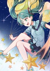 1girl :d aqua_hair balloon black_necktie black_skirt blue_shirt blue_shoes blush collared_shirt commentary green_eyes hatsune_miku highres holding holding_balloon medeshima_marota miniskirt necktie open_mouth pleated_skirt shirt shoes skirt smile solo star_(symbol) teeth tongue twintails upper_teeth_only vocaloid