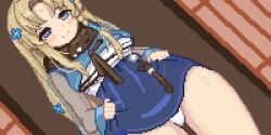 Rule 34 | bad source, blonde hair, blony (mabinogi), blue eyes, blue hair, clothes pull, eung-eung, flashing, korean clothes, long hair, looking down, lowres, mabinogi, naughty face, panties, pixel art, skirt, skirt pull, underwear, white panties