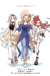 3girls alternate_costume alternate_hairstyle artist_name black_choker black_footwear blue_dress breasts brown_hair choker cleavage closed_eyes clothes_around_waist criss-cross_halter dated denim denim_shorts dorothea_coyett dress earrings fate/grand_order fate/samurai_remnant fate_(series) grey_eyes grey_pants hair_ornament hair_stick halterneck hat high_ponytail holding_another&#039;s_wrist jacket jacket_around_waist jewelry kanya_(asa_yake01) kishimen_hair leg_tattoo long_hair long_sleeves mole mole_on_breast multiple_girls off-shoulder_dress off_shoulder official_alternate_costume official_alternate_hairstyle open_mouth oversized_clothes oversized_shirt pants ponytail puffy_short_sleeves puffy_sleeves red_hair sandals shirt short_shorts short_sleeves shorts sidelocks sleeveless smile sweat takao_dayu_(fate) tattoo wavy_hair white_footwear white_hair white_pants white_shirt yellow_jacket yellow_sandals yui_shousetsu_(fate)