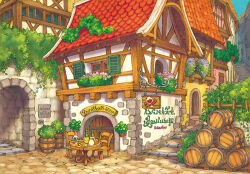 barrel brick_wall building bush cafe chair chimney cup day door english_text fantasy flower food house no_humans original outdoors plant potted_plant restaurant scenery sign stairs table window yukoiwase