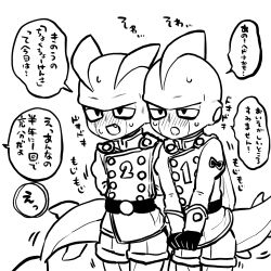 2boys aged_down android belt blush brothers cetacean_tail clenched_hands cowboy_shot dolphin_boy dragon_ball dragon_ball_super dragon_ball_super_super_hero fang fins fish_tail from_side gamma_1 gamma_2 gloves greyscale half-closed_eyes head_fins jacket lineart male_focus monochrome multiple_boys no_eyebrows number_print obata2nd open_mouth pulling_own_clothes red_ribbon_army shorts siblings simple_background speech_bubble sweat tail translation_request turtleneck turtleneck_jacket twins