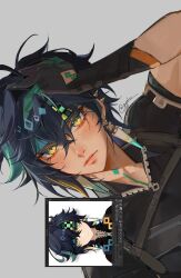 1boy black_gloves black_hair blush closed_mouth commentary diamond-shaped_pupils diamond_(shape) earrings english_commentary eyelashes genshin_impact ggelus gloves green_eyes green_hair grey_background hair_between_eyes hand_on_own_head headband highres jewelry kinich_(genshin_impact) looking_at_viewer male_focus multicolored_hair pointy_earrings reference_inset shirt short_hair simple_background solo streaked_hair symbol-shaped_pupils twitter_username yellow_eyes zipper