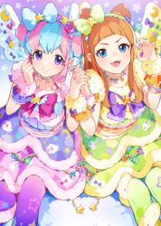 Rule 34 | 2girls, aikatsu! (series), aikatsu stars!, blue bow, blue eyes, blue hair, blunt bangs, booota, bow, bow-shaped hair, bow hairband, claw pose, clenched hand, double bun, dress, fang, from above, gradient background, green bow, green dress, green pantyhose, hair bow, hair bun, hairband, hanazono kirara, hands up, holding hands, idol, jewelry, layered dress, long hair, looking at viewer, multicolored hair, multicolored nails, multiple girls, necklace, open mouth, orange hair, pantyhose, pearl necklace, pink bow, pink hair, puffy short sleeves, puffy sleeves, purple background, purple bow, purple dress, purple eyes, purple pantyhose, saotome ako, short hair, short sleeves, sidelocks, sitting, smile, star (symbol), star print, star symbol background, starry sky print, v-shaped eyebrows, wings, wrist cuffs