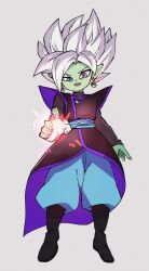 1boy alternate_color black_bodysuit black_footwear blue_pants blue_sash bodysuit boots colored_skin deformed dragon_ball dragon_ball_super earrings fused_zamasu green_skin grey_eyes highres imminent_attack jewelry komesan_0212 long_sleeves looking_at_viewer looking_down official_alternate_color open_mouth pants pointy_ears potara_earrings ring sash smile solo spiked_hair white_hair