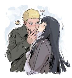 !? 1boy 1girl absurdres alternate_universe beerenfuchs black_hair blonde_hair blue_eyes blush cigarette commentary english_commentary facial_mark hetero highres holding holding_cigarette hyuuga_hinata jacket kiss long_hair long_sleeves naruto:_the_last naruto_(series) upper_body uzumaki_naruto whisker_markings