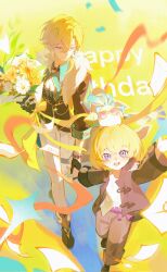 2boys animal animal_on_head aqua_shirt arm_up aventurine_(honkai:_star_rail) aventurine_(origami_bird)_(honkai:_star_rail) beak belt bird bird_on_head black_collar black_gloves black_jacket black_shoes black_vest blonde_hair blue_eyes blush bouquet bow brown_pants child closed_mouth clothing_cutout collar collared_shirt commentary confetti crossed_bangs dual_persona earrings english_commentary english_text flower fur-trimmed_jacket fur_trim gloves hair_between_eyes happy_birthday heart_cutout highres holding holding_bouquet holding_hands honkai:_star_rail honkai_(series) hood hooded_jacket jacket jewelry kakavasha_(honkai:_star_rail) lan_yin_yin lapels long_sleeves looking_at_another looking_at_viewer looking_up male_focus multicolored_eyes multiple_boys on_head open_mouth origami_bird_(honkai:_star_rail) pants paper pink-tinted_eyewear purple_belt purple_eyes shirt shoes short_hair single_earring smile sparkle sunglasses t-shirt teeth thigh_strap tinted_eyewear vest walking white_flower white_pants white_shirt wide_sleeves wings yellow-framed_eyewear yellow_background yellow_bow yellow_flower