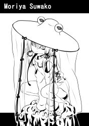 1girl absurdres all_fours ayana_mizuki english_text frog_girl greyscale hair_ribbon hat highres horizontal_pupils letterboxed long_tongue looking_at_viewer monochrome monster_girl moriya_suwako on_rock pyonta ribbon sidelocks sitting solo tongue touhou webbed_feet webbed_hands