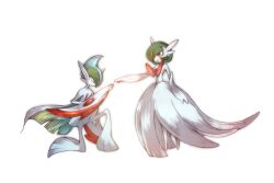 arm_blade bob_cut cape closed_eyes dress elbow_gloves gallade gardevoir gen_3_pokemon gen_4_pokemon gloves green_hair hair_over_one_eye kneeling mega_gallade mega_gardevoir mega_pokemon nintendo pink_eyes pokemon pokemon_(creature) shie-k strapless strapless_dress weapon white_cape white_dress white_gloves