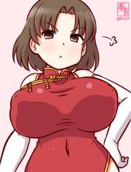 1girl :&lt; alternate_costume angry artist_logo breasts brown_eyes brown_hair china_dress chinese_clothes chiyoda_(kancolle) covered_erect_nipples covered_navel dated dress elbow_gloves gloves gradient_background kanon_(kurogane_knights) kantai_collection large_breasts logo looking_at_viewer one-hour_drawing_challenge pink_background red_dress short_hair solo upper_body white_gloves